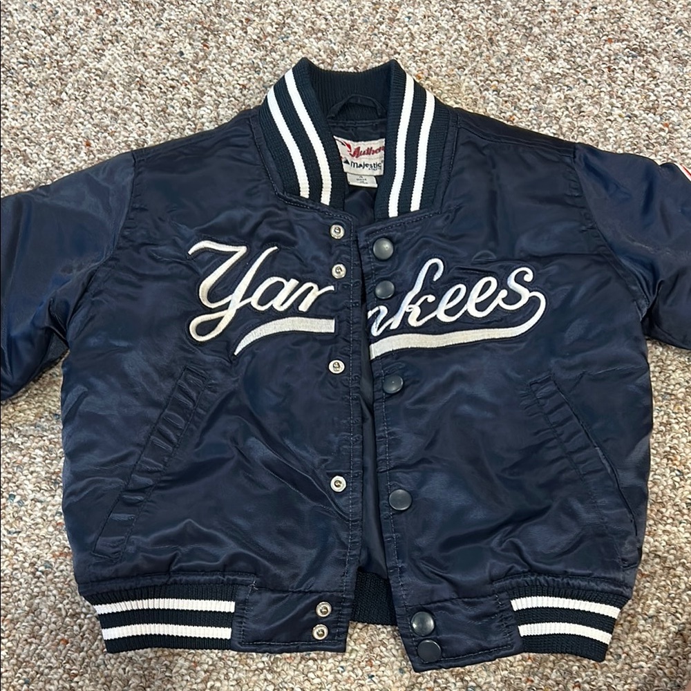 Navy Kids Baseball Satin Bomber Jacket - Yankees Style